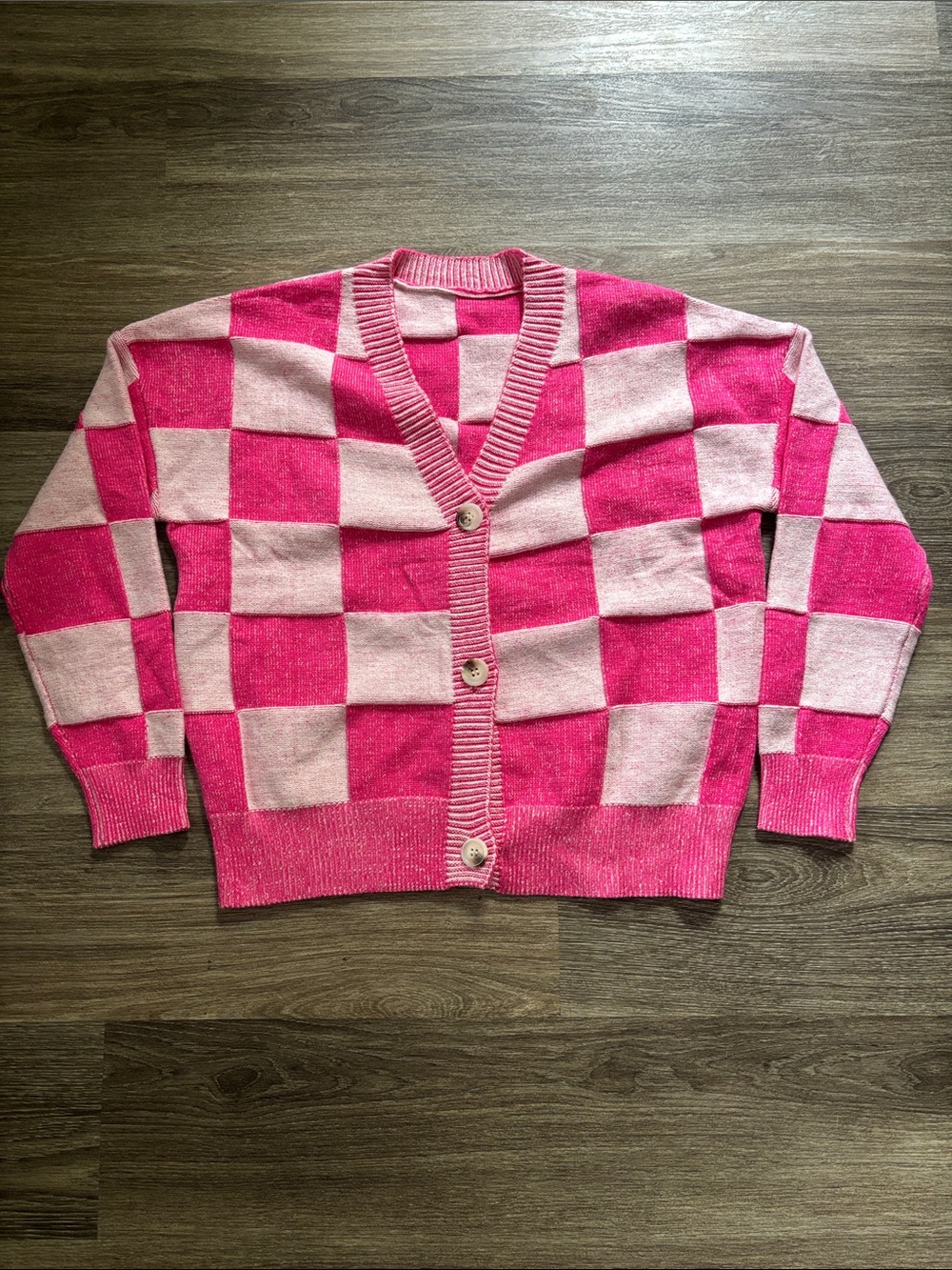 Pink Checkered Button-Up Women's Cardigan Sweater